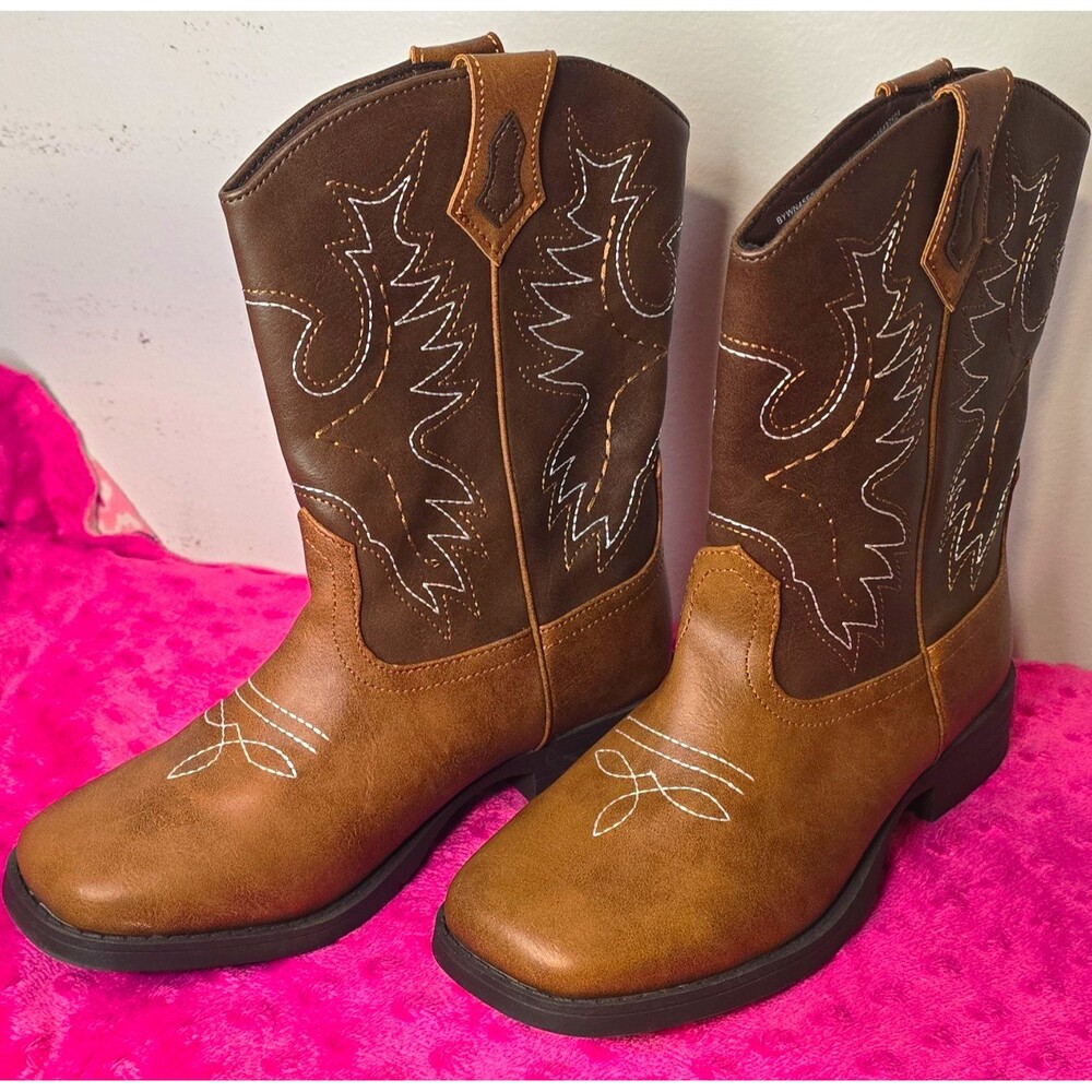 Wonder Nation Kids Western Boots Brown US 2 Mid-Calf Pull-On Non-Marking